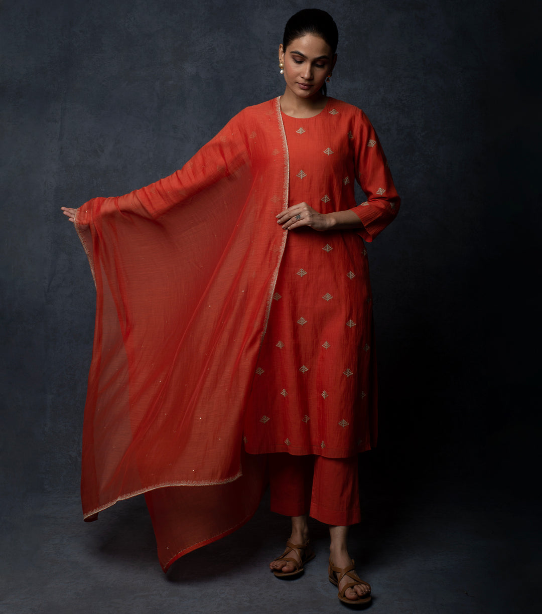 Burnt Orange Embroidered Chanderi Suit Set