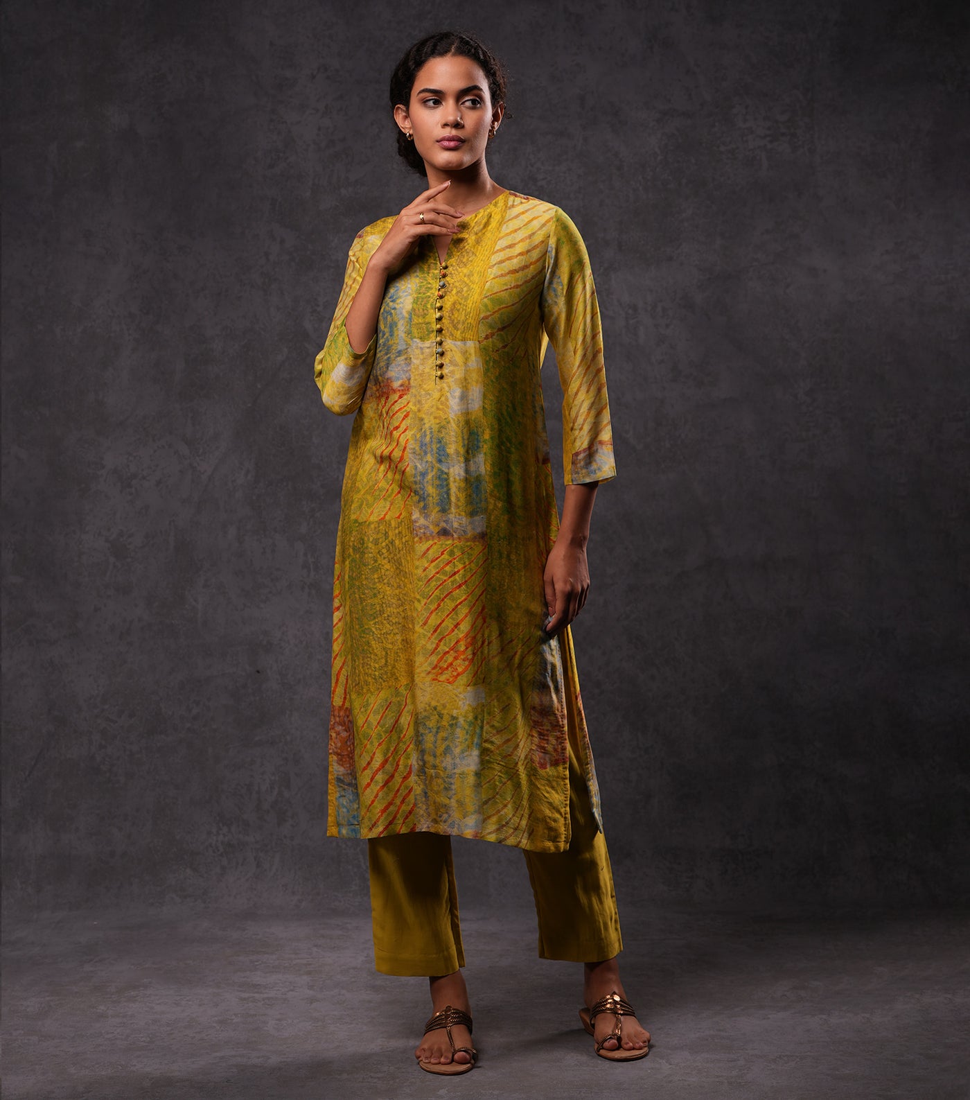 Printed Cotton Silk Buttoned Kurta Set with Dupatta and Pants