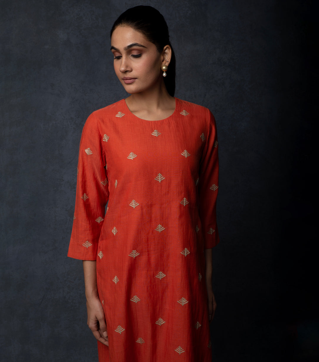 Burnt Orange Embroidered Chanderi Suit Set