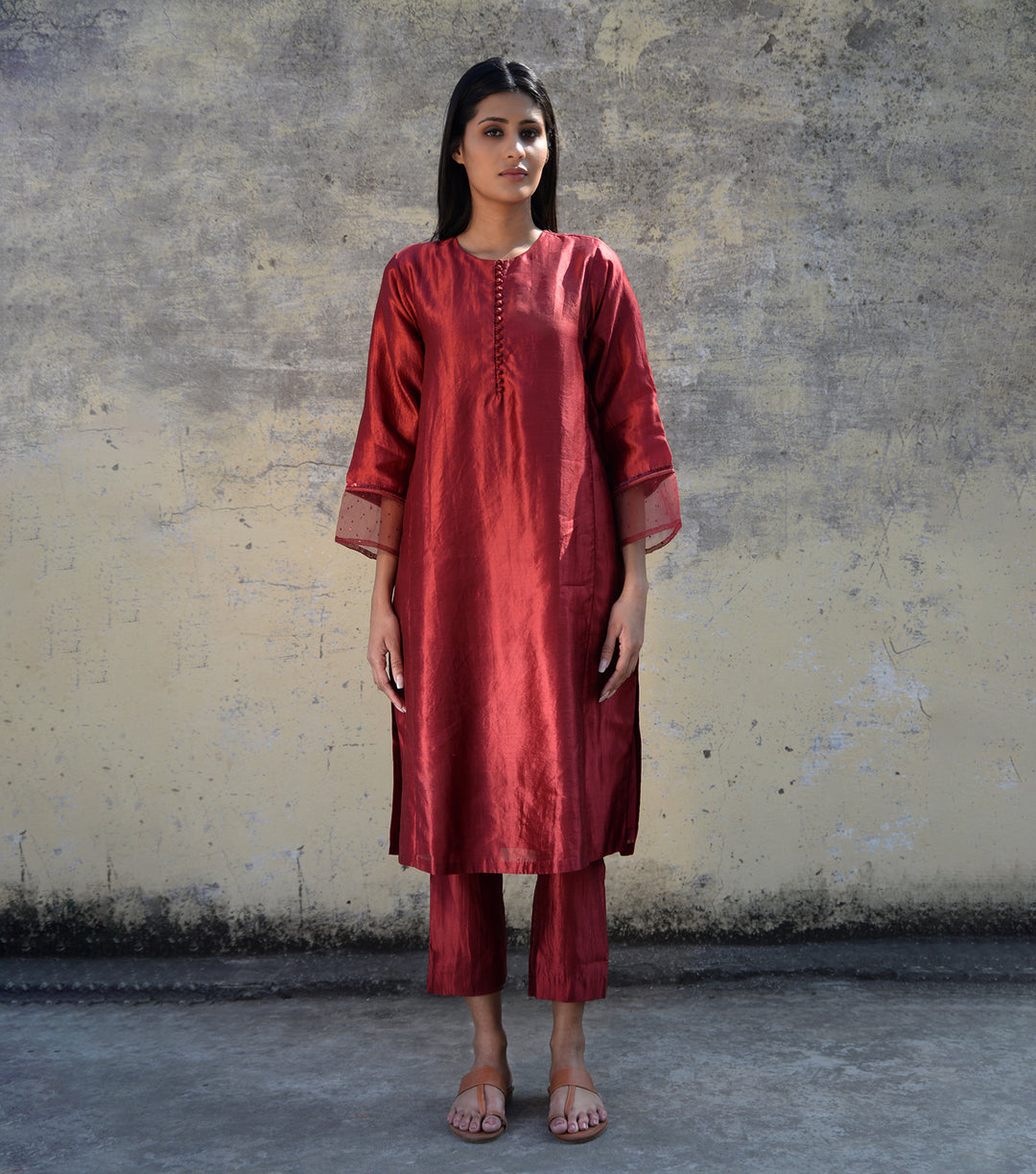 Maroon Silk Kurta Set with Organza Dupatta