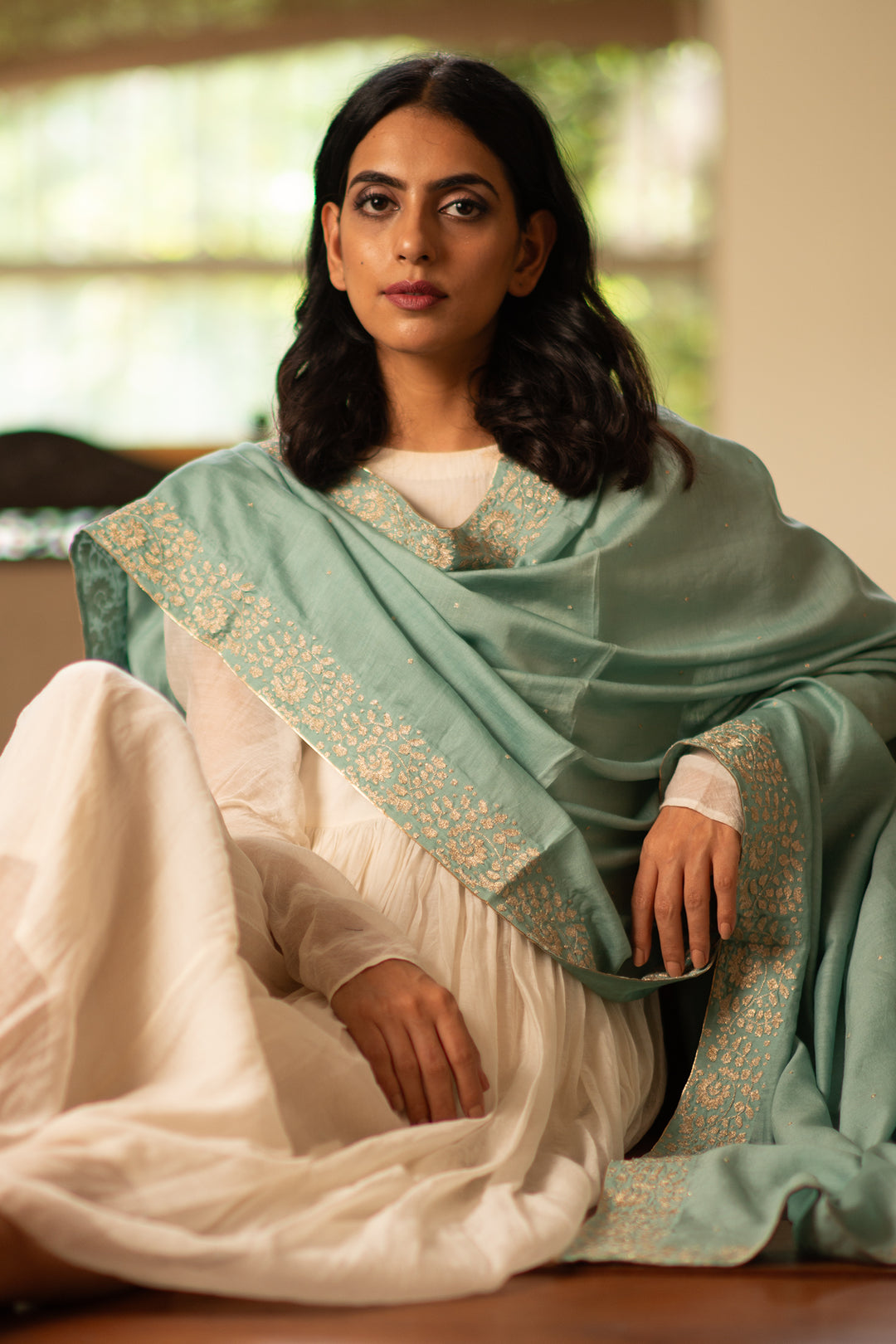 Sea Green embroidered chanderi dupatta