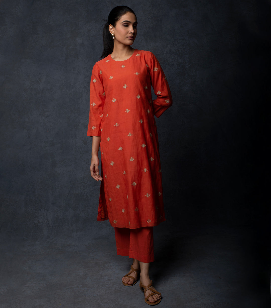 Burnt Orange Embroidered Chanderi Suit Set