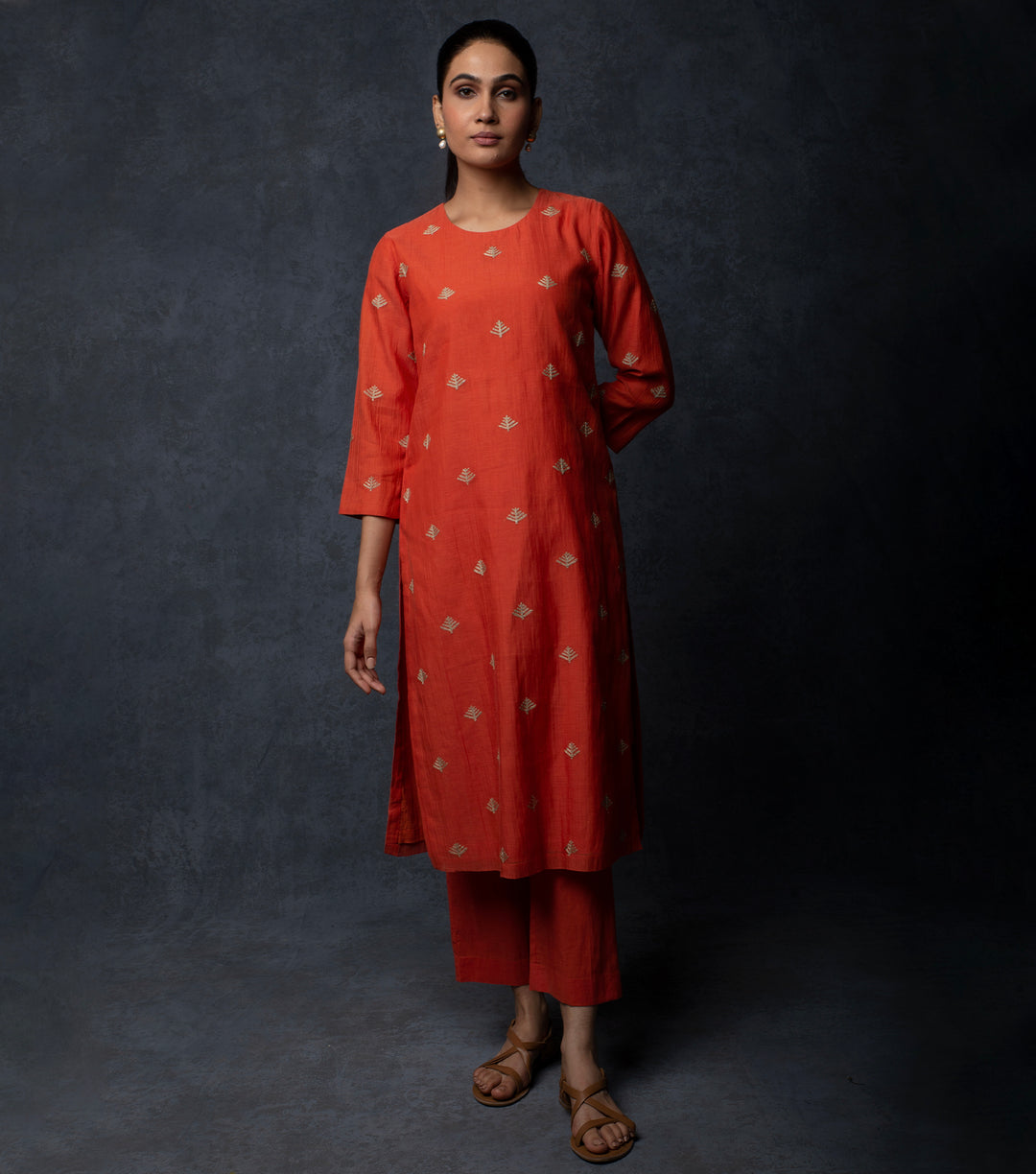 Burnt Orange Embroidered Chanderi Suit Set