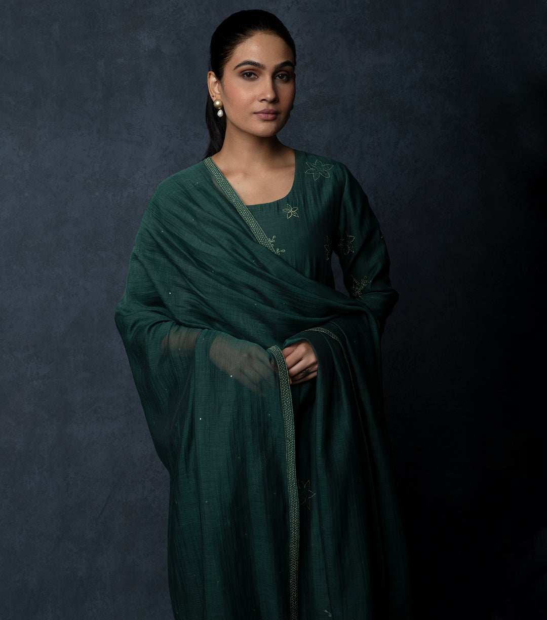 Emerald Green Embroidered Chanderi Suit Set