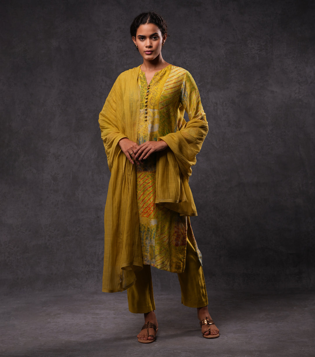 Printed Cotton Silk Buttoned Kurta Set with Dupatta and Pants