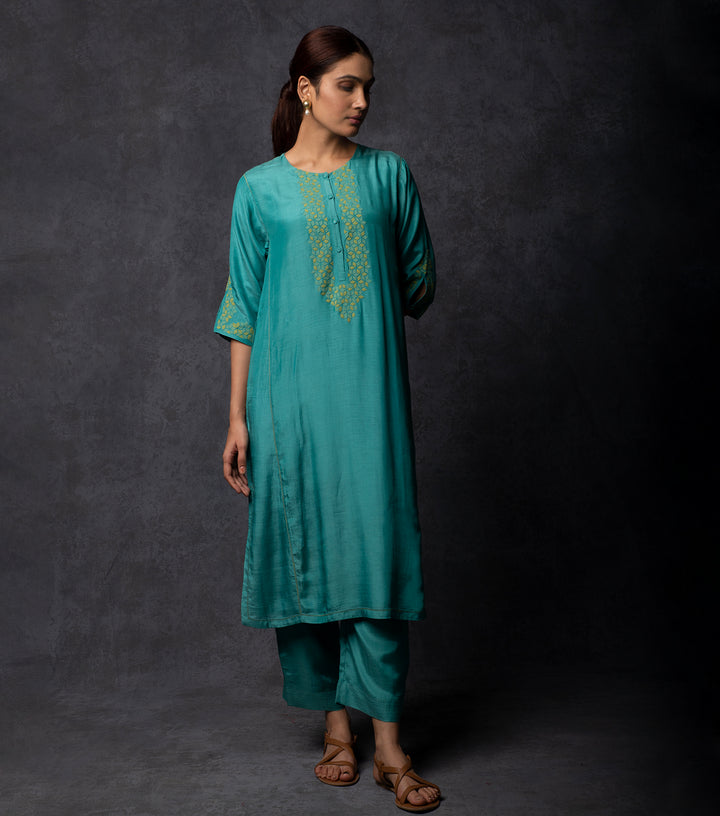 Teal Blue Patch work Embroiderd Muslin Suit Set