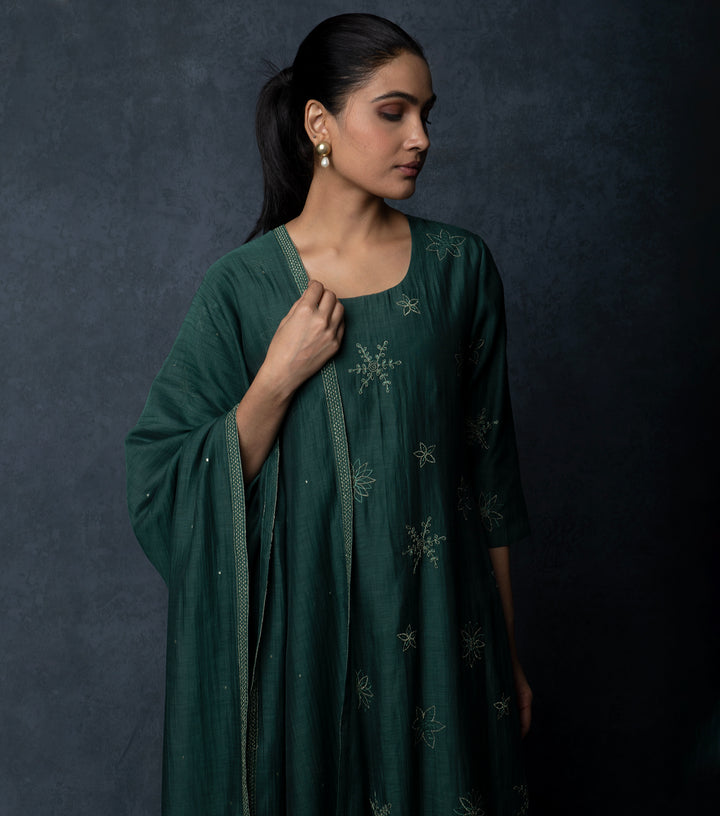 Emerald Green Embroidered Chanderi Suit Set