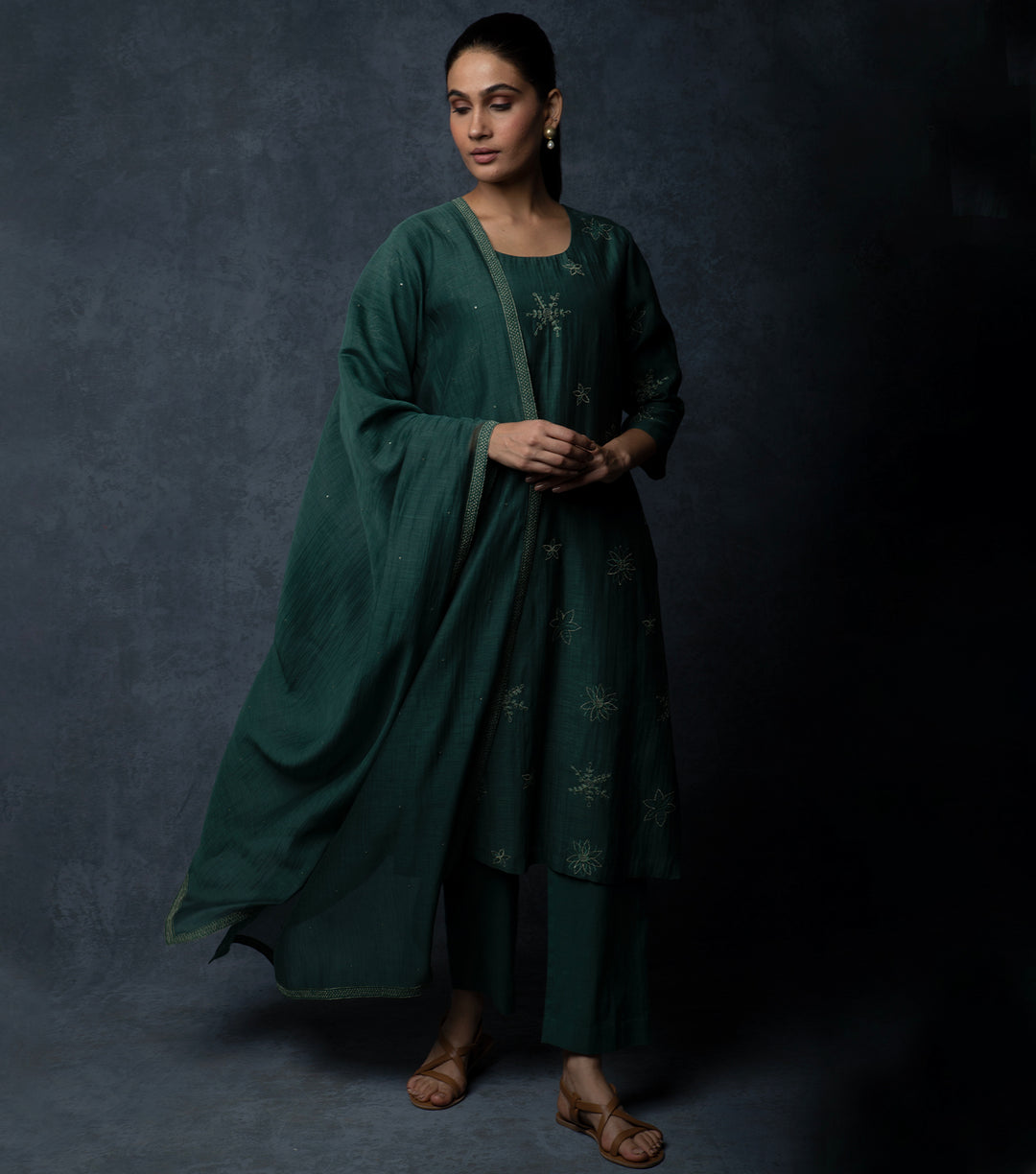 Emerald Green Embroidered Chanderi Suit Set