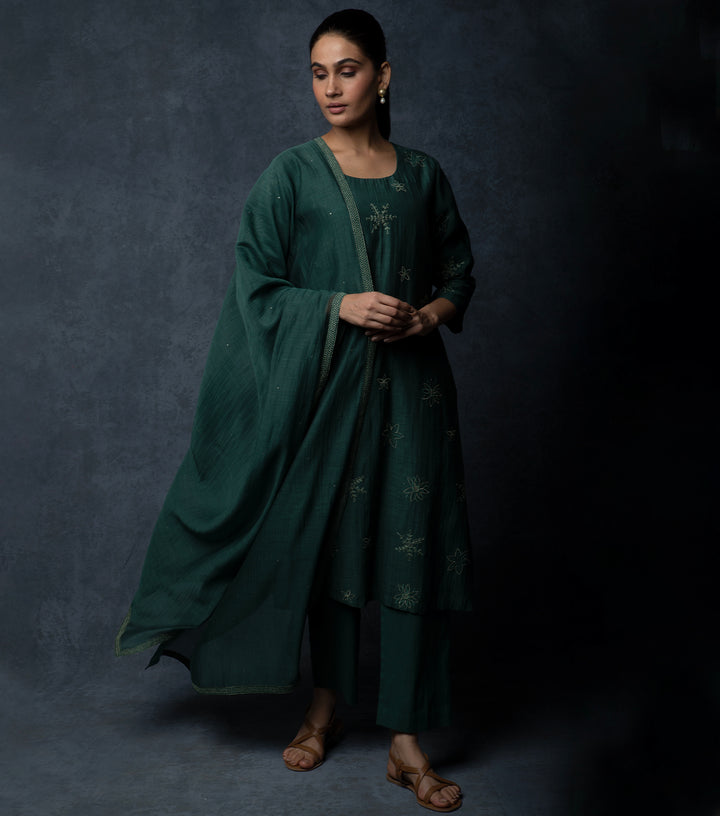 Emerald Green Embroidered Chanderi Suit Set