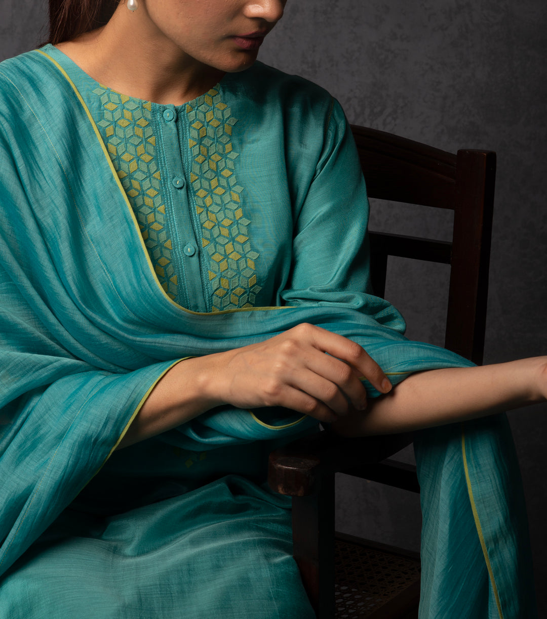 Teal Blue Patch work Embroiderd Muslin Suit Set