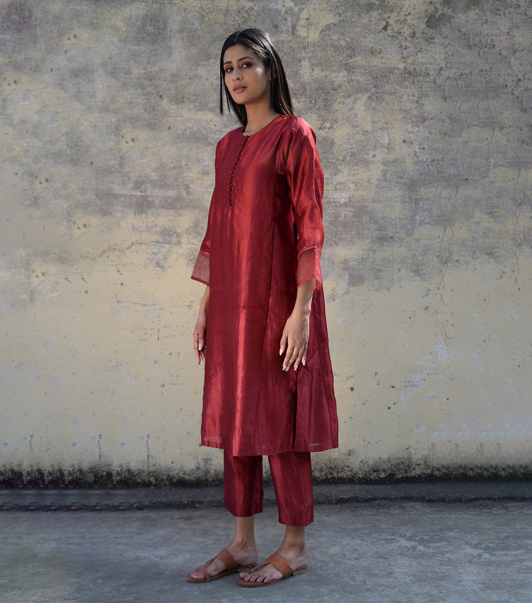 Maroon Silk Kurta Set with Organza Dupatta