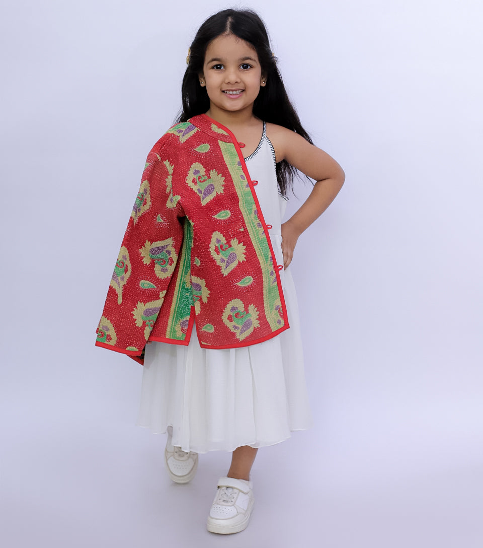 Orange Vintage Cotton Kantha Jacket For Kids