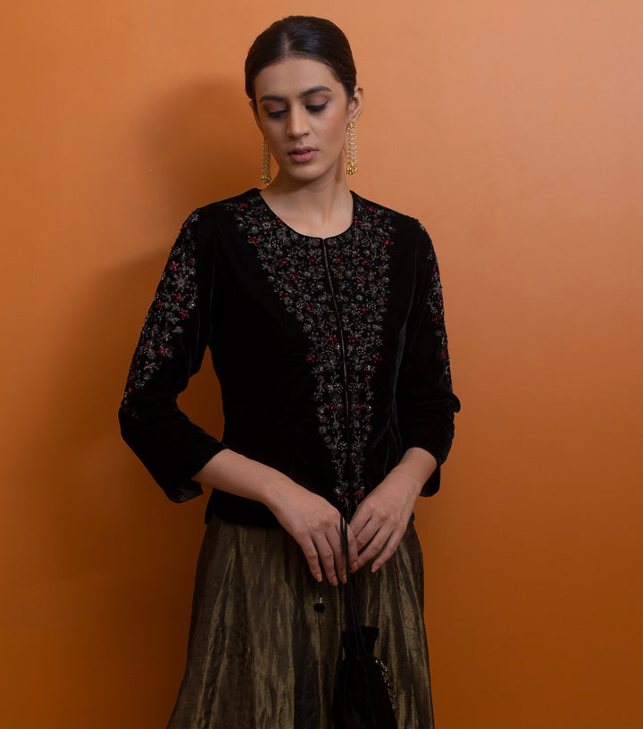 Black Hand Embroidered Velvet Blouse