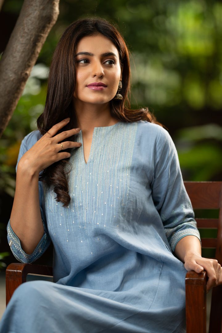 Blue Linen Embroidered Kurta