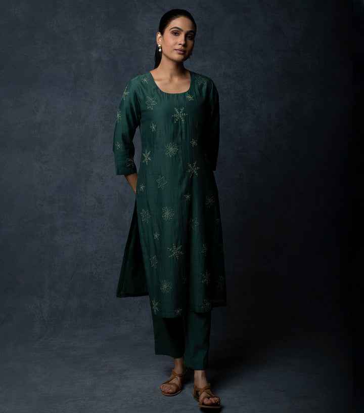 Emerald Green Embroidered Chanderi Suit Set