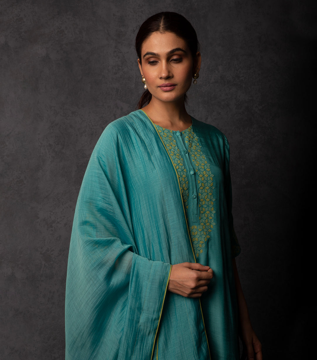 Teal Blue Patch work Embroiderd Muslin Suit Set