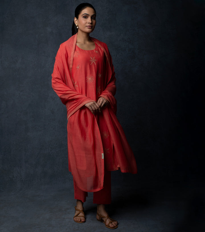 Deep Coral Embroidered Chanderi Suit Set