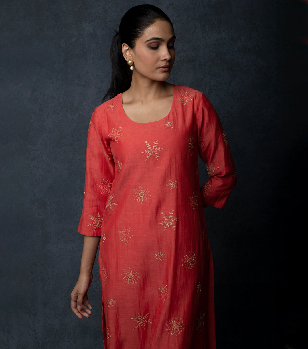 Deep Coral Embroidered Chanderi Suit Set