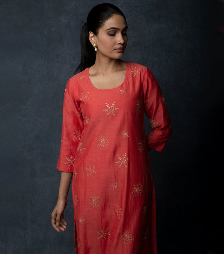 Deep Coral Embroidered Chanderi Suit Set