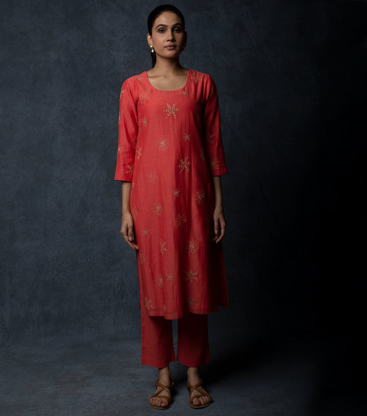 Deep Coral Embroidered Chanderi Suit Set