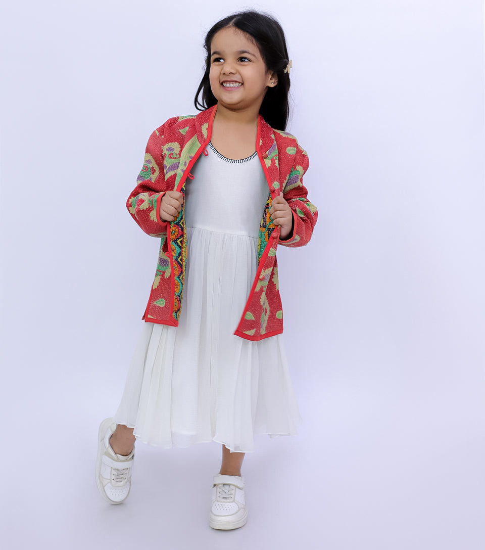 Orange Vintage Cotton Kantha Jacket For Kids