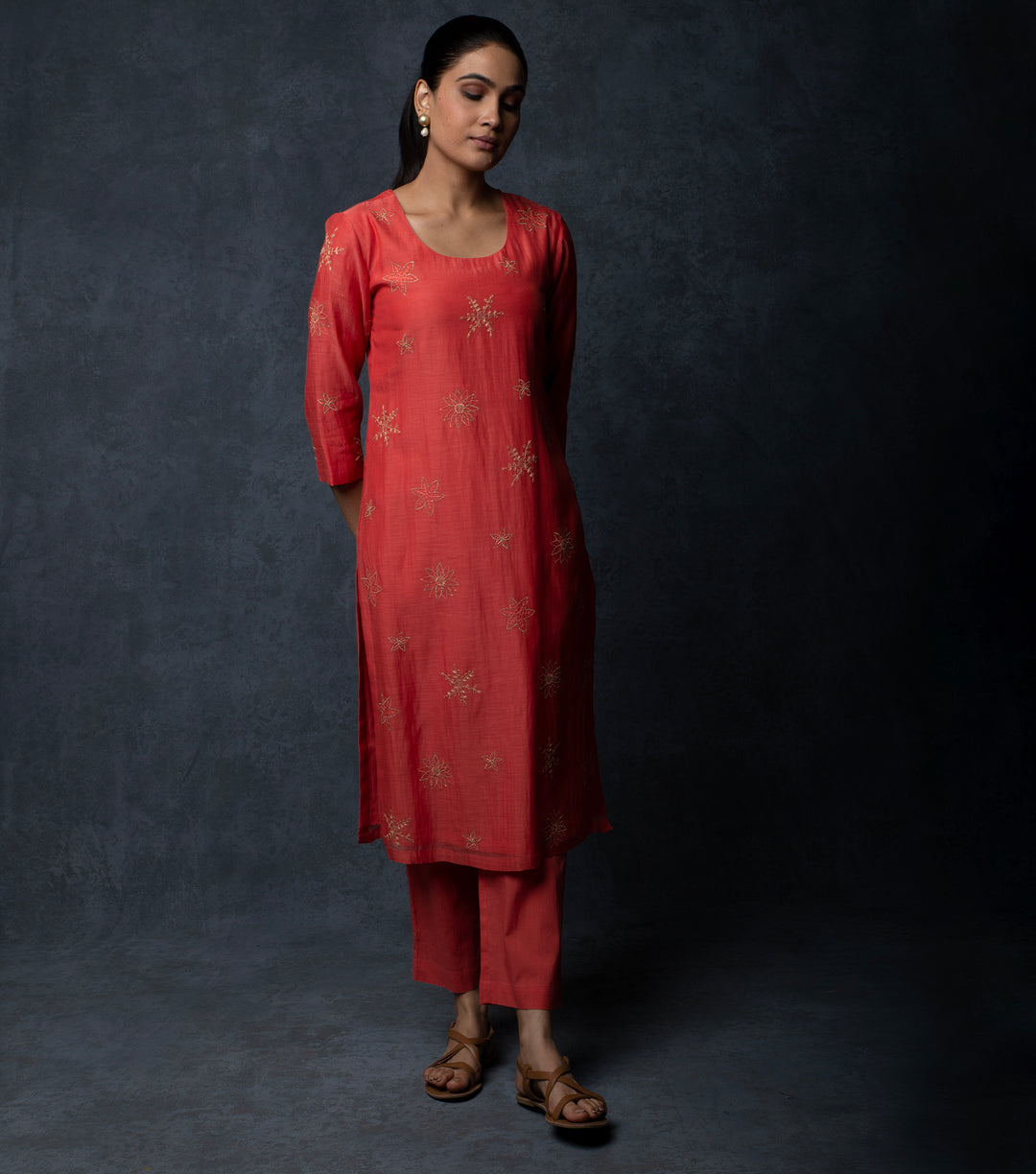 Deep Coral Embroidered Chanderi Suit Set