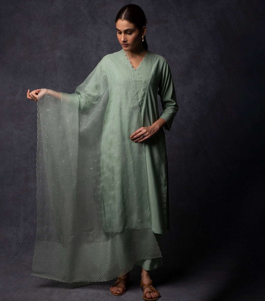 Pista Green Thread Embroidered Suit Set