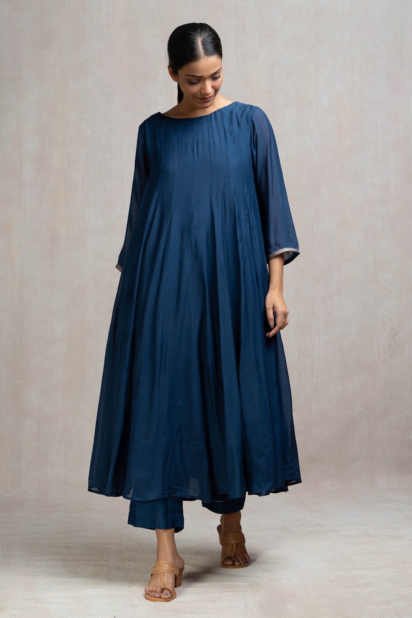 Muslin Panelled A-line Kurta with Pants & Embroidered Dupatta