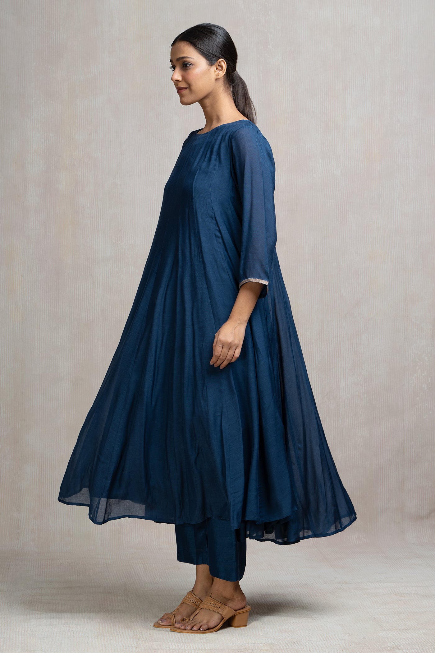 Muslin Panelled A-line Kurta with Pants & Embroidered Dupatta