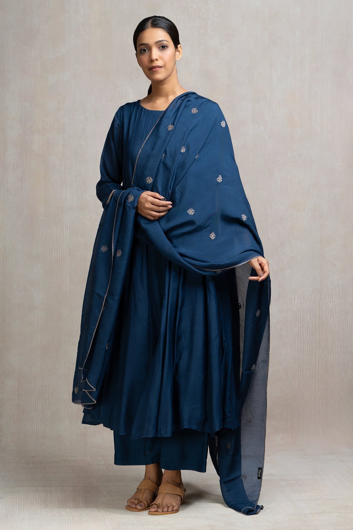 Muslin Panelled A-line Kurta with Pants & Embroidered Dupatta