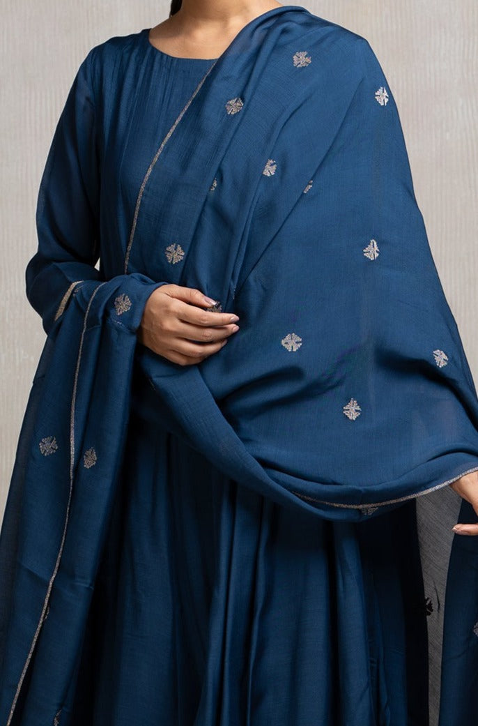 Muslin Panelled A-line Kurta with Pants & Embroidered Dupatta