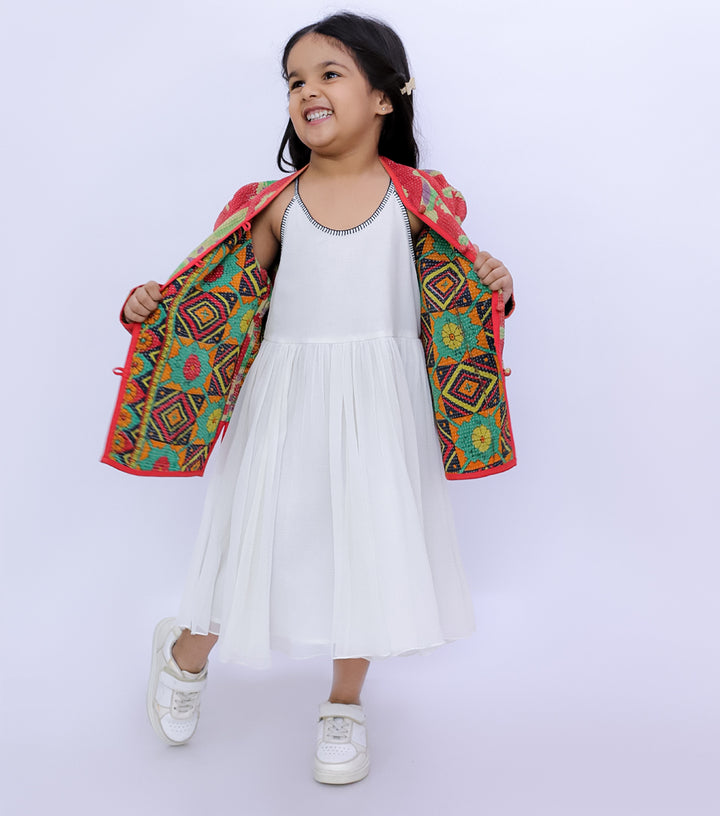 Orange Vintage Cotton Kantha Jacket For Kids