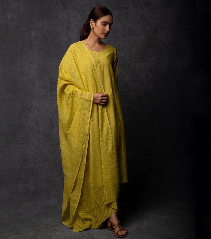 Greenish-Yellow Embroidered Chanderi Suit Set