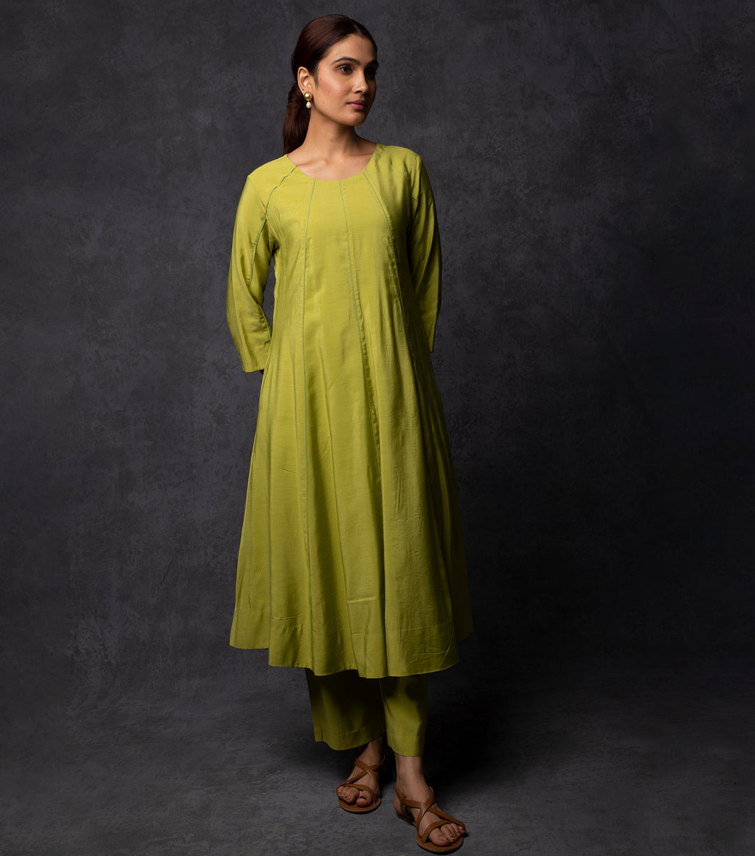 Leaf green Anarkali Kurta set with emboirdered organza dupatta