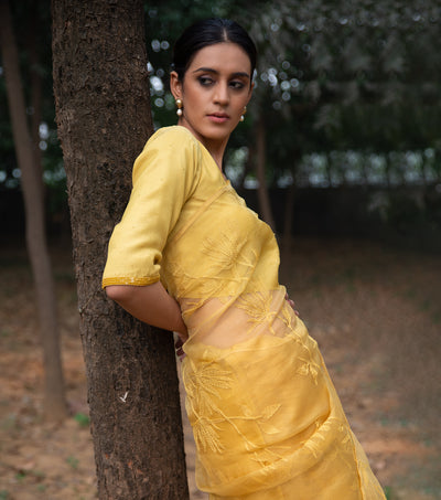 Yellow Hand Embroidered Organza Saree