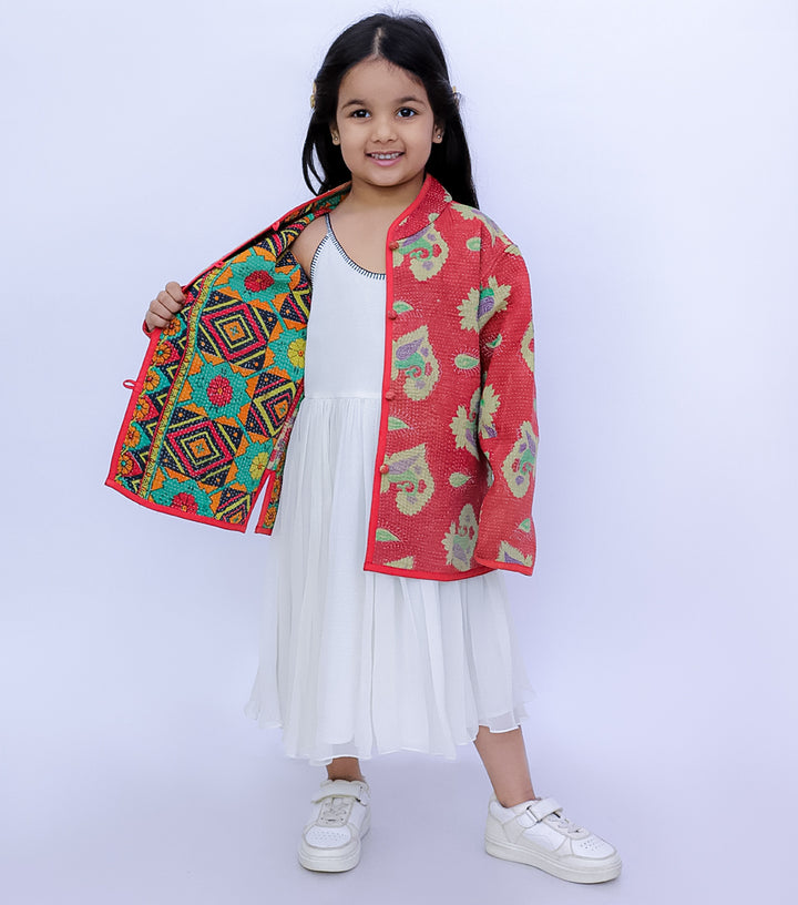 Orange Vintage Cotton Kantha Jacket For Kids