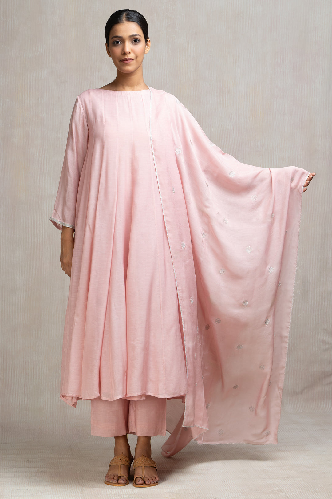 Muslin Panelled A-line Kurta with Pants & Embroidered Dupatta