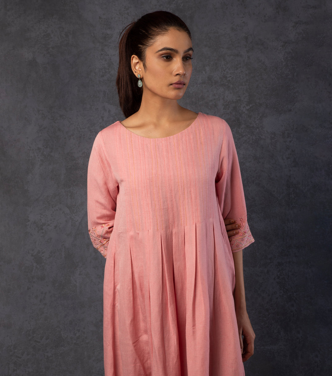 Pink Embroidered Viscose Linen Dress