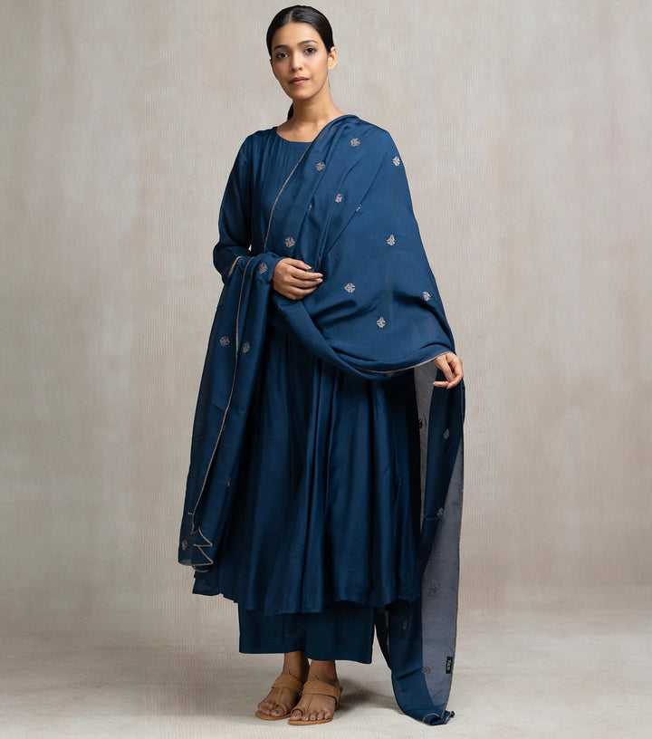 Muslin Panelled A-line Kurta with Pants & Embroidered Dupatta