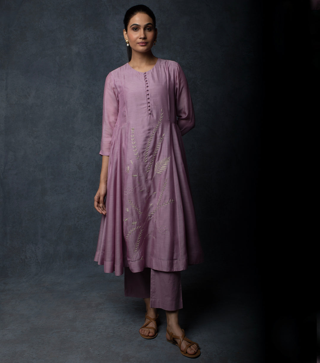 Mauve Kalidar Embroidered Muslin Suit Set