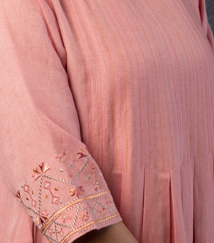 Pink Embroidered Viscose Linen Dress