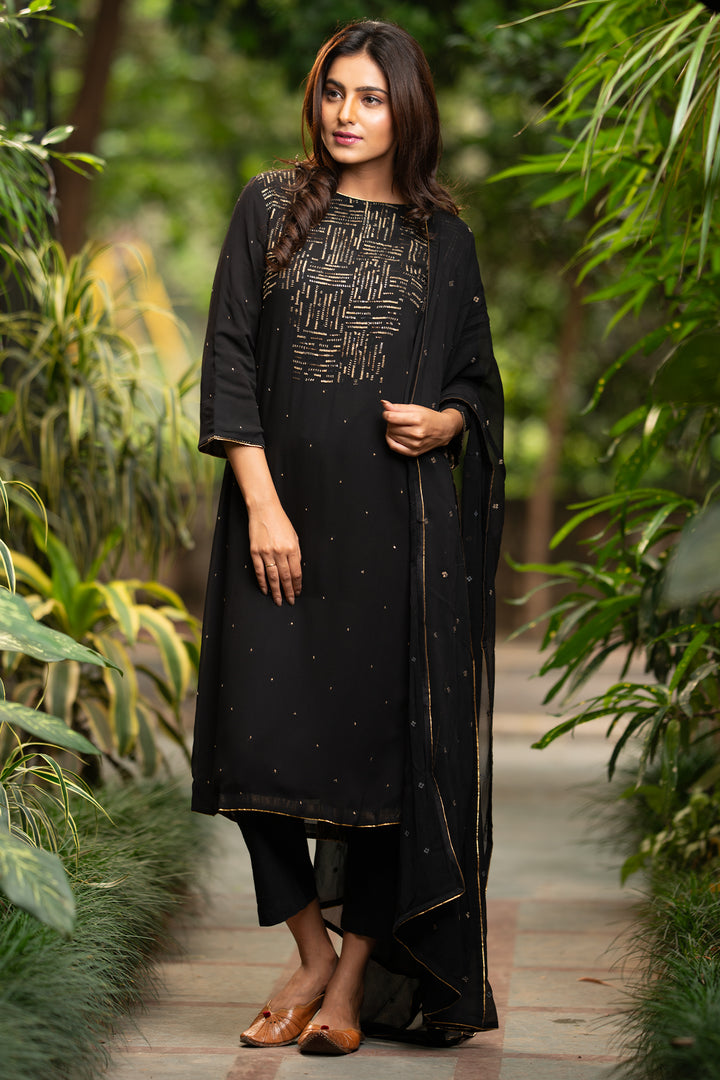 Black Georgette Embroidered Suit Set