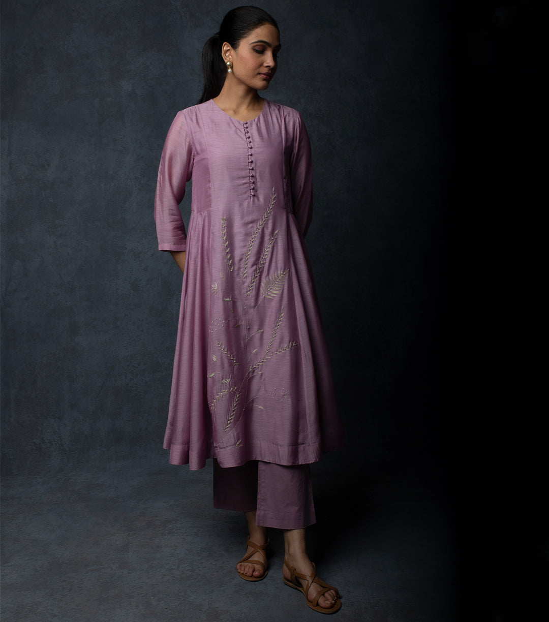 Mauve Kalidar Embroidered Muslin Suit Set