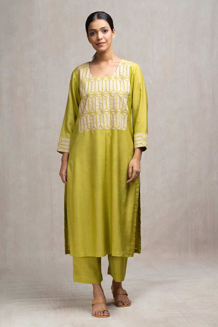 Patch & Thread Embroidered Muslin Kurta Set with Pants & Dupatta