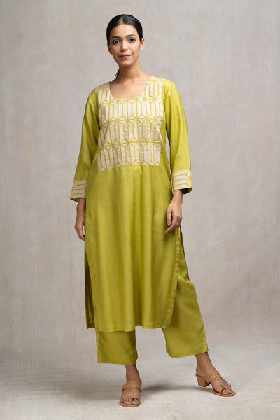 Patch & Thread Embroidered Muslin Kurta Set with Pants & Dupatta