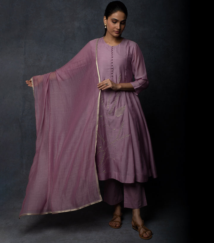 Mauve Kalidar Embroidered Muslin Suit Set