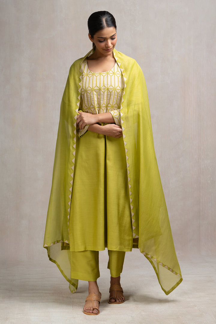 Patch & Thread Embroidered Muslin Kurta Set with Pants & Dupatta