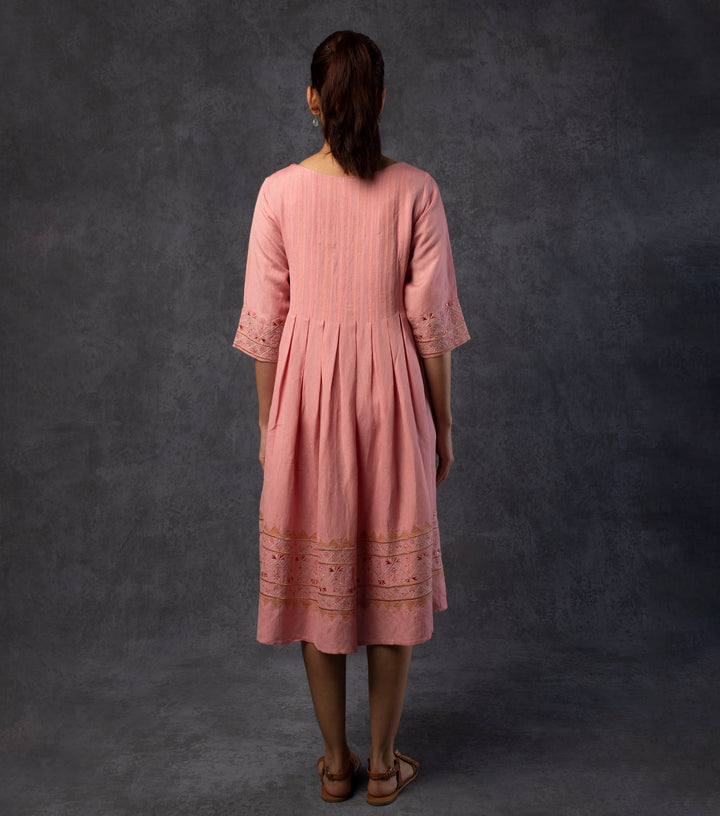 Pink Embroidered Viscose Linen Dress