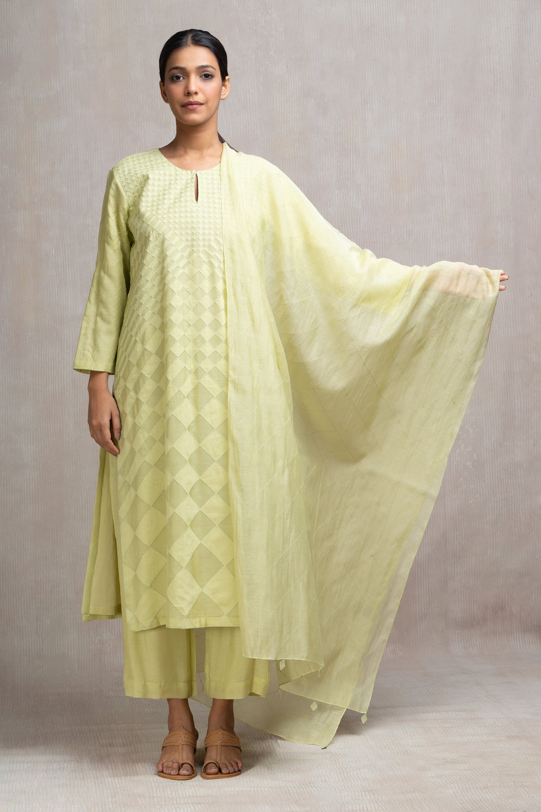 Patch Embroidered Muslin Kurta Set with Pants & Dupatta