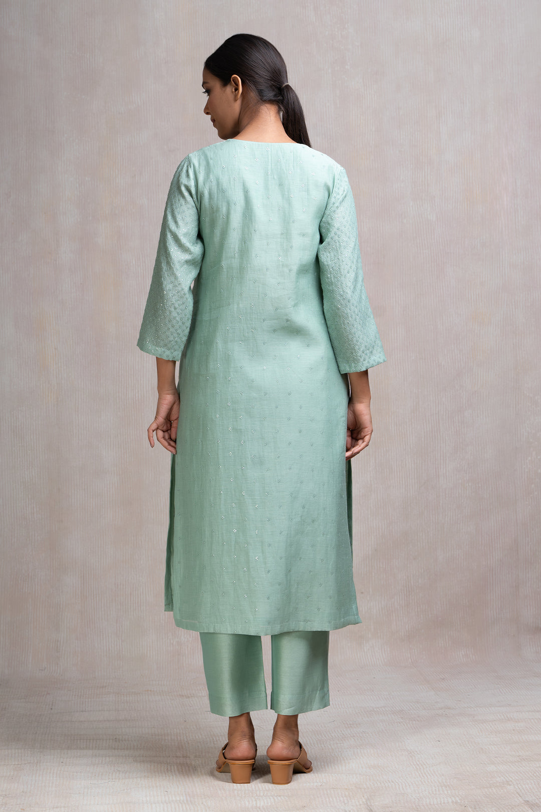 Hand Embroidered Chanderi Kurta Set with Pants & Dupatta